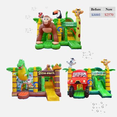 Castillo de salto inflable de PVC con diapositiva Temática de selva de grado comercial Tamaño personalizado