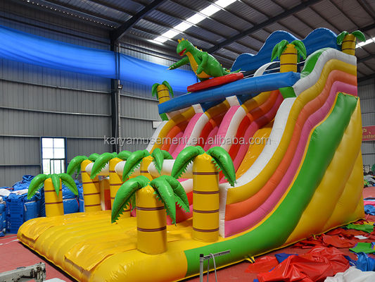 Juego de Parque al aire libre de 2 carriles Palma tropical PVC Inflatable Dinosaurio Salto Salto tobogán