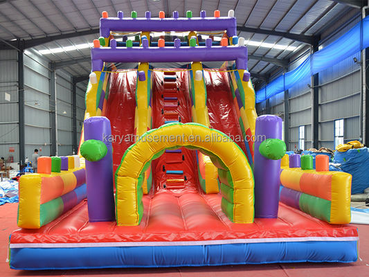 Bloque de construcción inflable de 2 carriles de 19 pies de ancho tobogán húmedo y seco para niños Parque de fiesta al aire libre