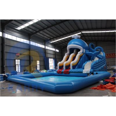 CE soplador y accesorios de reparación incluido parque acuático inflable con tobogán de tiburón