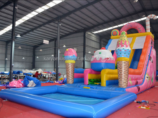 Feria comercial Alquiler de tobogán acuático con piscina para niños en rosa helado