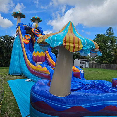 Estimulantes juegos de toboganes de agua de color océano PVC inflable con piscina grande en forma de flor