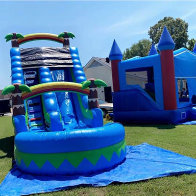 CE/EN71/EN14960 Parque acuático al aire libre de 30 pies, deslizamiento acuático de palmeras tropicales azules para 5 a 10 pasajeros