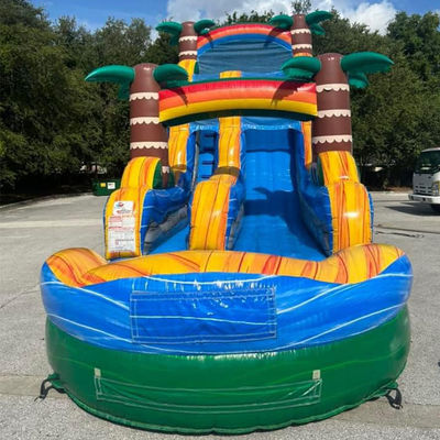 Envío hecho fácil PVC comercial Tropical Palm Tree Water Slide Inflatable con piscina