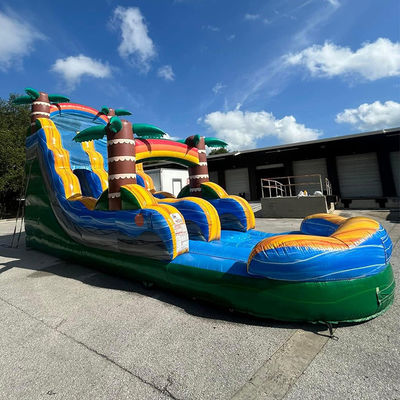 Envío hecho fácil PVC comercial Tropical Palm Tree Water Slide Inflatable con piscina