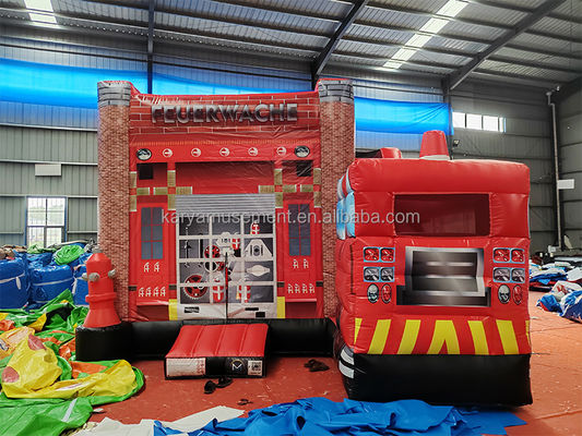 Camión de bomberos rojo personalizable Temática de castillo inflable tobogán para niños Parque de diversiones
