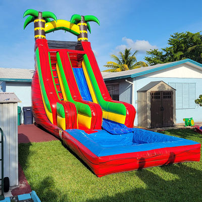 Slide de agua de palmeras tropicales de patio trasero de PVC con piscina desmontable e impresión digital