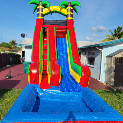 Slide de agua de palmeras tropicales de patio trasero de PVC con piscina desmontable e impresión digital