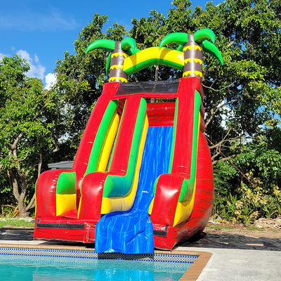 Slide de agua de palmeras tropicales de patio trasero de PVC con piscina desmontable e impresión digital