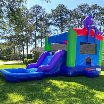 0.55mm Plato PVC Tarpaulin Inflatable Combinado Castillo tobogán y piscina para los niños juegos de fiesta