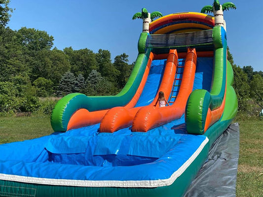Capacidad máxima 100-500 kg Parque acuático inflable de doble carril con piscina y tobogán de palmeras