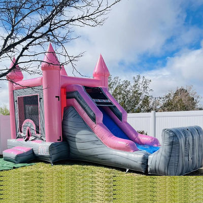 Castillo Infantil Rosa y Gris Casa Inflable de Salto, Piscina de toboganes, Alquiler de Fiestas
