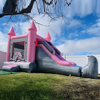 Castillo Infantil Rosa y Gris Casa Inflable de Salto, Piscina de toboganes, Alquiler de Fiestas