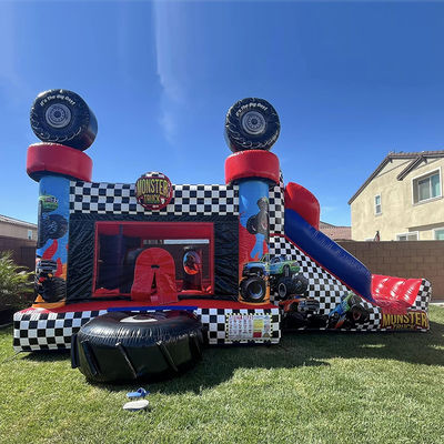 Unisex Red Monster Truck Temática Inflable Casa Rebotador Combo Deslizamiento para Niños Tiempo de Fiesta