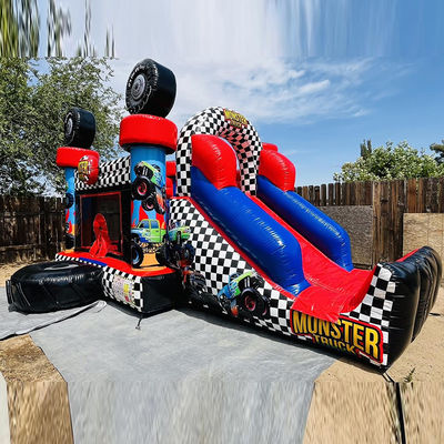 Unisex Red Monster Truck Temática Inflable Casa Rebotador Combo Deslizamiento para Niños Tiempo de Fiesta