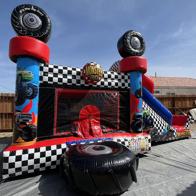Unisex Red Monster Truck Temática Inflable Casa Rebotador Combo Deslizamiento para Niños Tiempo de Fiesta