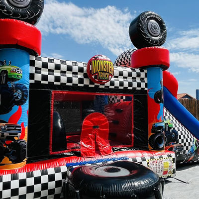 Unisex Red Monster Truck Temática Inflable Casa Rebotador Combo Deslizamiento para Niños Tiempo de Fiesta
