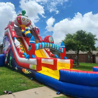 Temática de astronauta comercial piscina inflable con tobogán de agua enorme y rocket largo tobogán