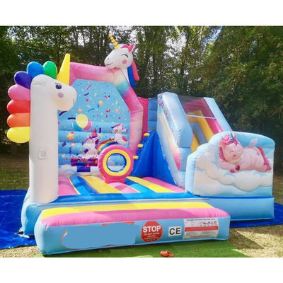 Juegos de trampolín para niños de PVC comercial Rainbow Unicorn Inflatable Fun City con tobogán