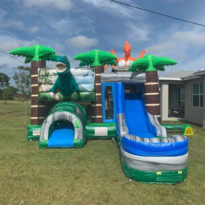 Jurassic Dinosaurs Park Inflable Joy Bounce House con tobogán y piscina desmontable de PVC