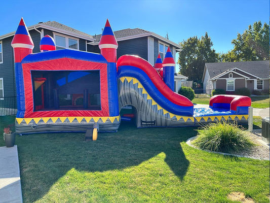 Eventos de Fiestas Comercial PVC Rocket Rojo Inflable Casa de rebote con piscina de toboganes
