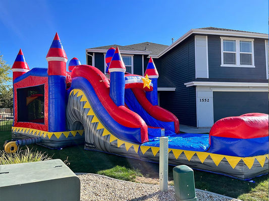 Eventos de Fiestas Comercial PVC Rocket Rojo Inflable Casa de rebote con piscina de toboganes