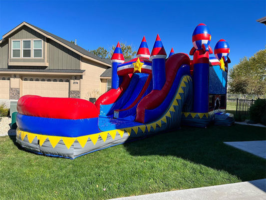 Eventos de Fiestas Comercial PVC Rocket Rojo Inflable Casa de rebote con piscina de toboganes