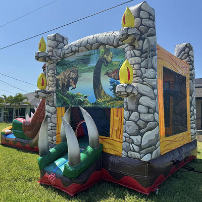 Alquiler de fiestas Es necesario personalizar Acceptado Jurassic Dinosaur Tema Comercial PVC Inflable Casa de rebote con tobogán