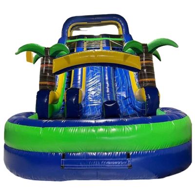 Interior de doble capa reforzado con PVC palmeras inflables doble tobogán de agua con piscina para niños y adultos