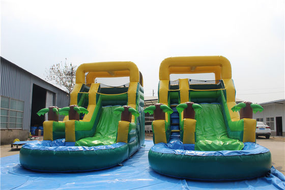 Interior de doble capa reforzado con PVC palmeras inflables doble tobogán de agua con piscina para niños y adultos