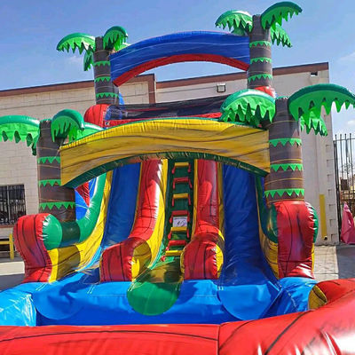 Diversión portátil garantizada con una pequeña casa de salto con tobogán inflables tropicales