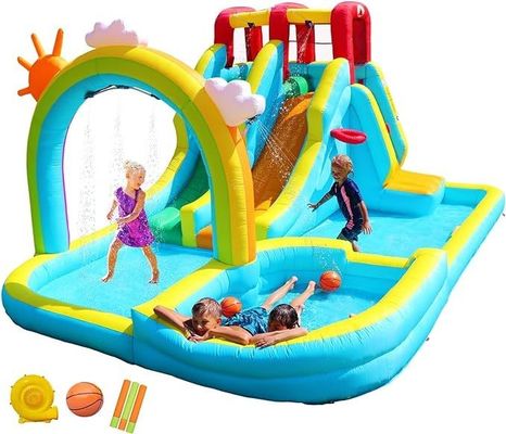 Cortina de agua del arco iris y escalada en roca agua inflable doble toboganes juego de parque para niños