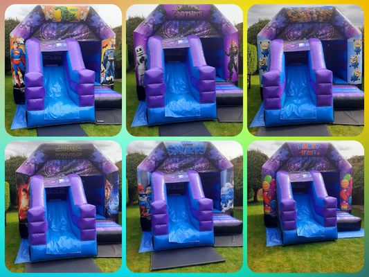 Castillo de salto para niños con diseño de toboganes e inflables