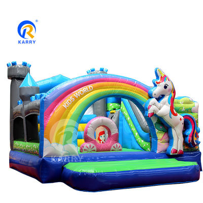 Arco iris PVC inflables Trampolín comercial de unicornio con deslizador y soplador