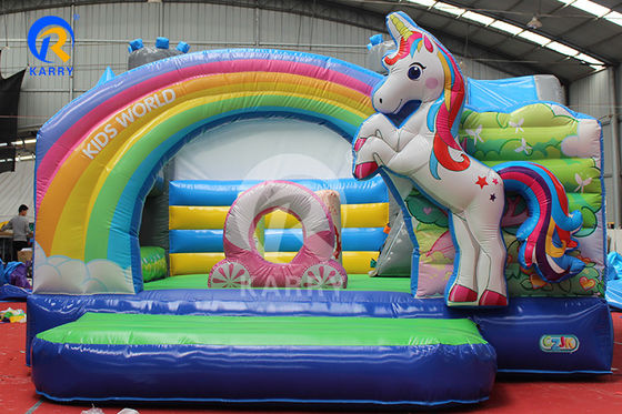 Arco iris PVC inflables Trampolín comercial de unicornio con deslizador y soplador