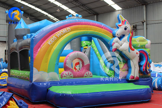 Arco iris PVC inflables Trampolín comercial de unicornio con deslizador y soplador