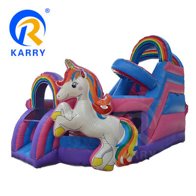 Exterior de diversión comercial 0.55mm PVC Unicornio arcoíris de salpicador inflable con tobogán seco húmedo