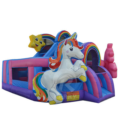 Exterior de diversión comercial 0.55mm PVC Unicornio arcoíris de salpicador inflable con tobogán seco húmedo