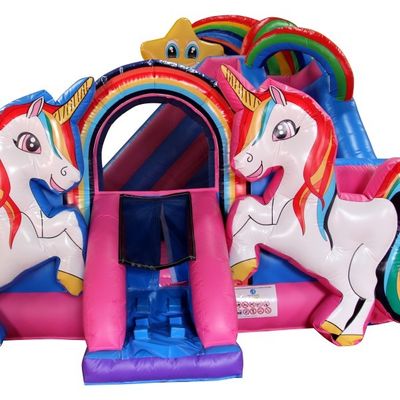 Arco iris doble unicornio trampolín de aire deslizamiento de castillo inflable combo H14ft para eventos de fiesta