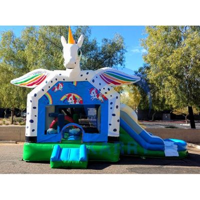 Arco iris comercial con puntos unicornio inflable castillo de salto combo tobogán aceptable OEM