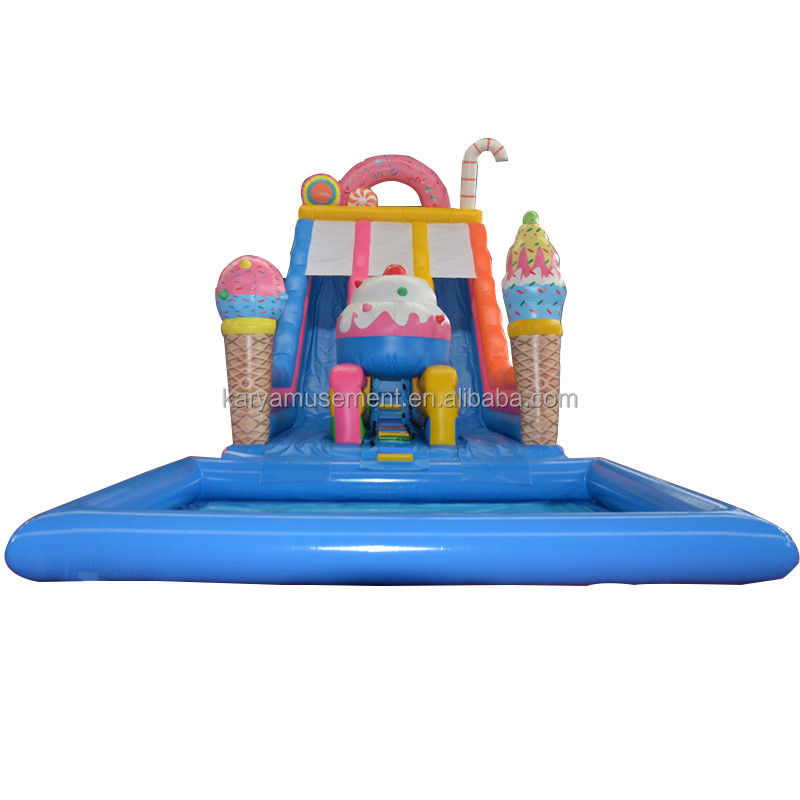 Feria comercial Alquiler de tobogán acuático con piscina para niños en rosa helado