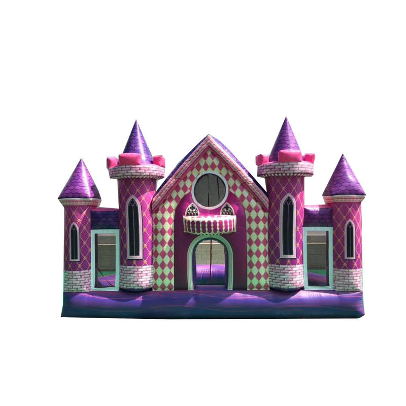 Parque de juegos al aire libre PVC personalizado con fondo de castillo rosa inflable para fiesta de cumpleaños / boda