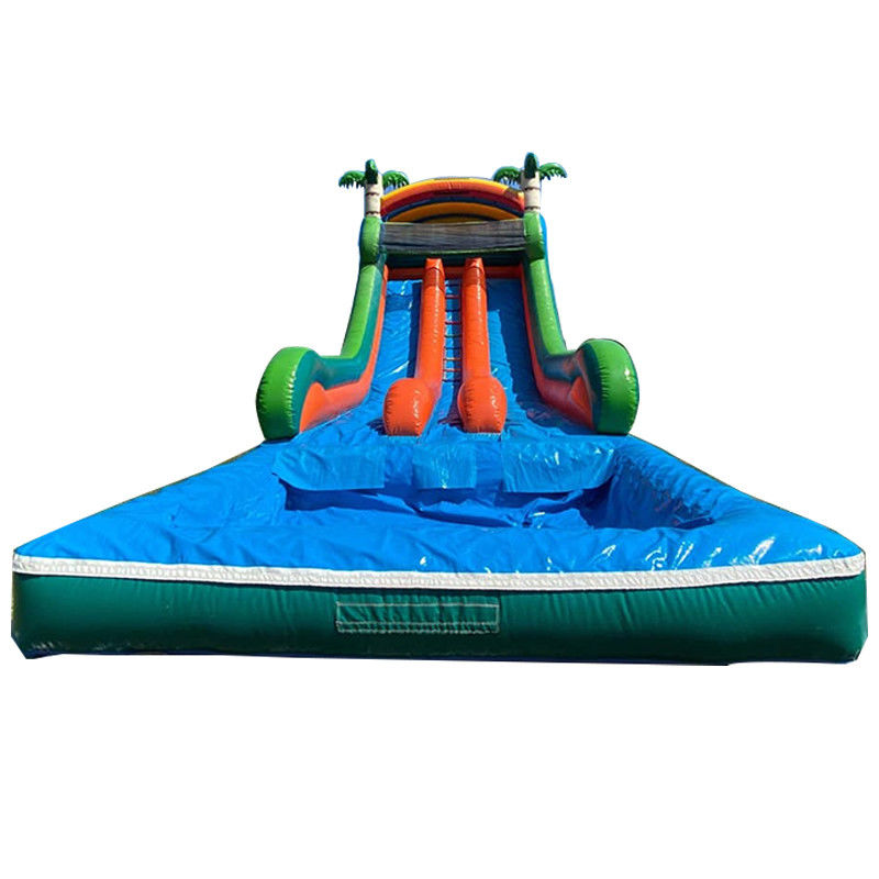 Capacidad máxima 100-500 kg Parque acuático inflable de doble carril con piscina y tobogán de palmeras