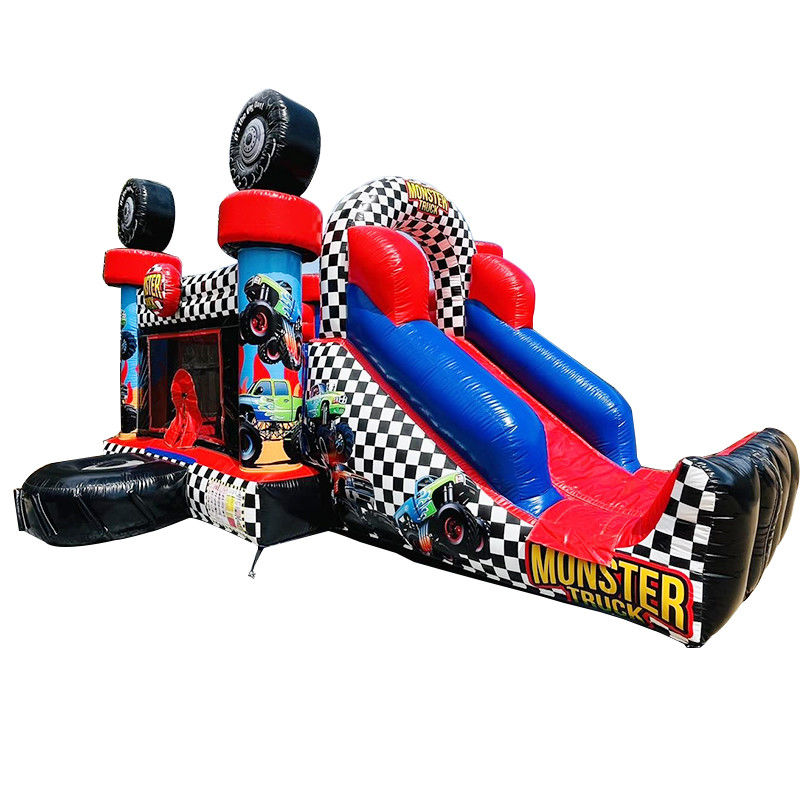 Unisex Red Monster Truck Temática Inflable Casa Rebotador Combo Deslizamiento para Niños Tiempo de Fiesta