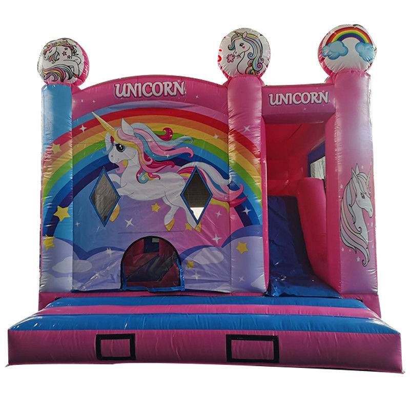 Juguetes inflables para niños Fiesta del castillo saltando tema de unicornio del arco iris con tobogán seco