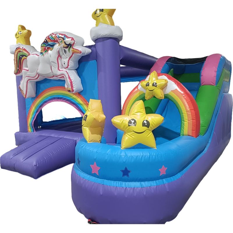 8-13 Años Rango de edad Casa de salto inflable con deslizamiento y diseño de caballo arco iris