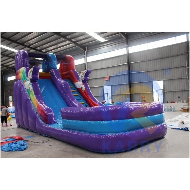 OEM aceptado Mini Unicornio PVC tobogán de agua inflable con piscina y escalada de oscilación