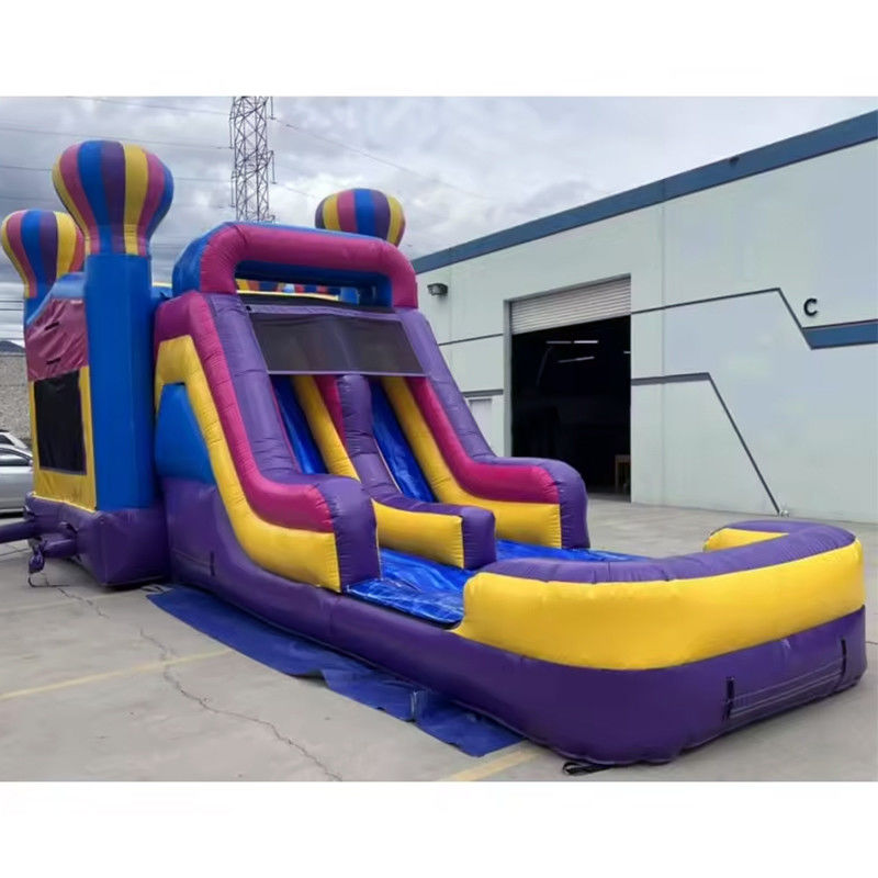 Carril doble deslizamiento inflable y salto castillo de salto para niños rosa globo aerostático casa de salto