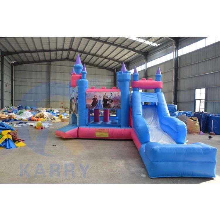 Unisex personalizado hinchable 3 en 1 Castillo con tema congelado Color azul y diapositiva larga