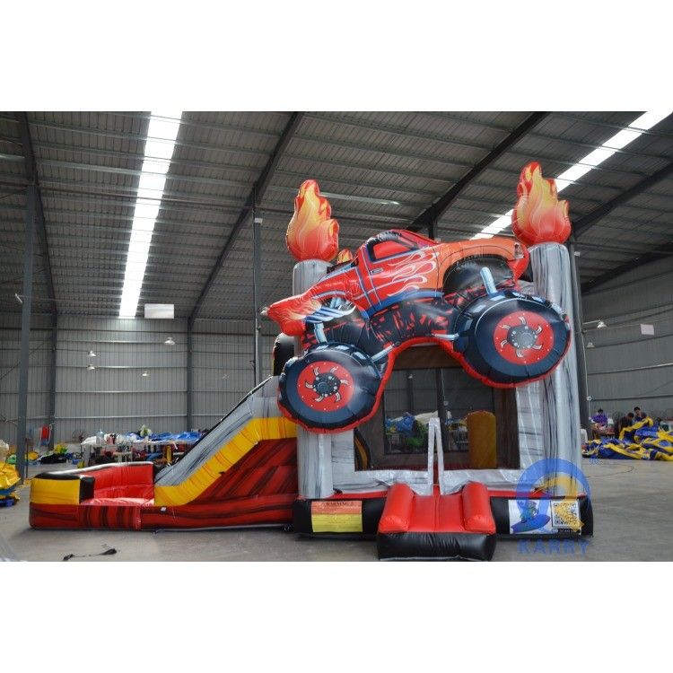 Combo de piscina de tobogán seco inflable con tobogán de doble carril y tema de carreras 3D OEM aceptado